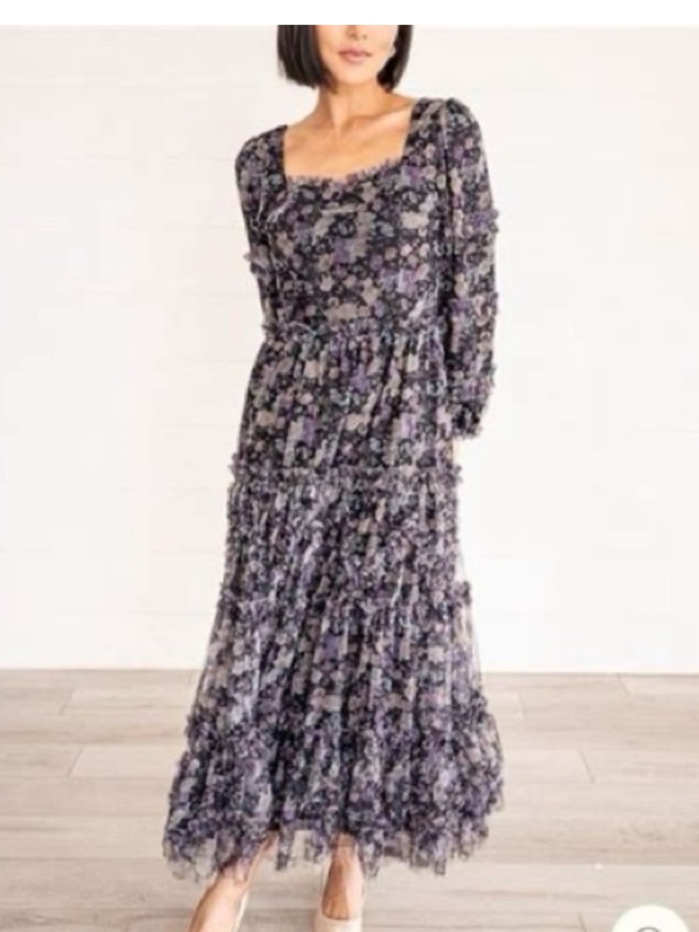 Ivy City Co Catherine Dress Black Purple Floral Tiered A-Line Maxi size XL
